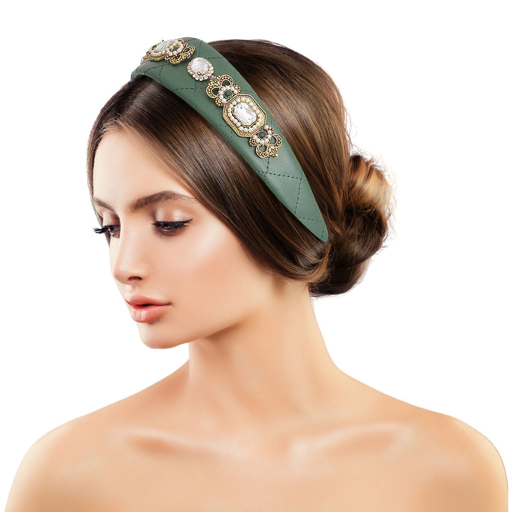 Fashion Headband Vegan Leather Green Crystal Statement Accessory