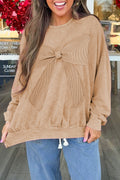 Light French Beige Mineral Wash Big Bow Patchwork Pullover Sweatshirt