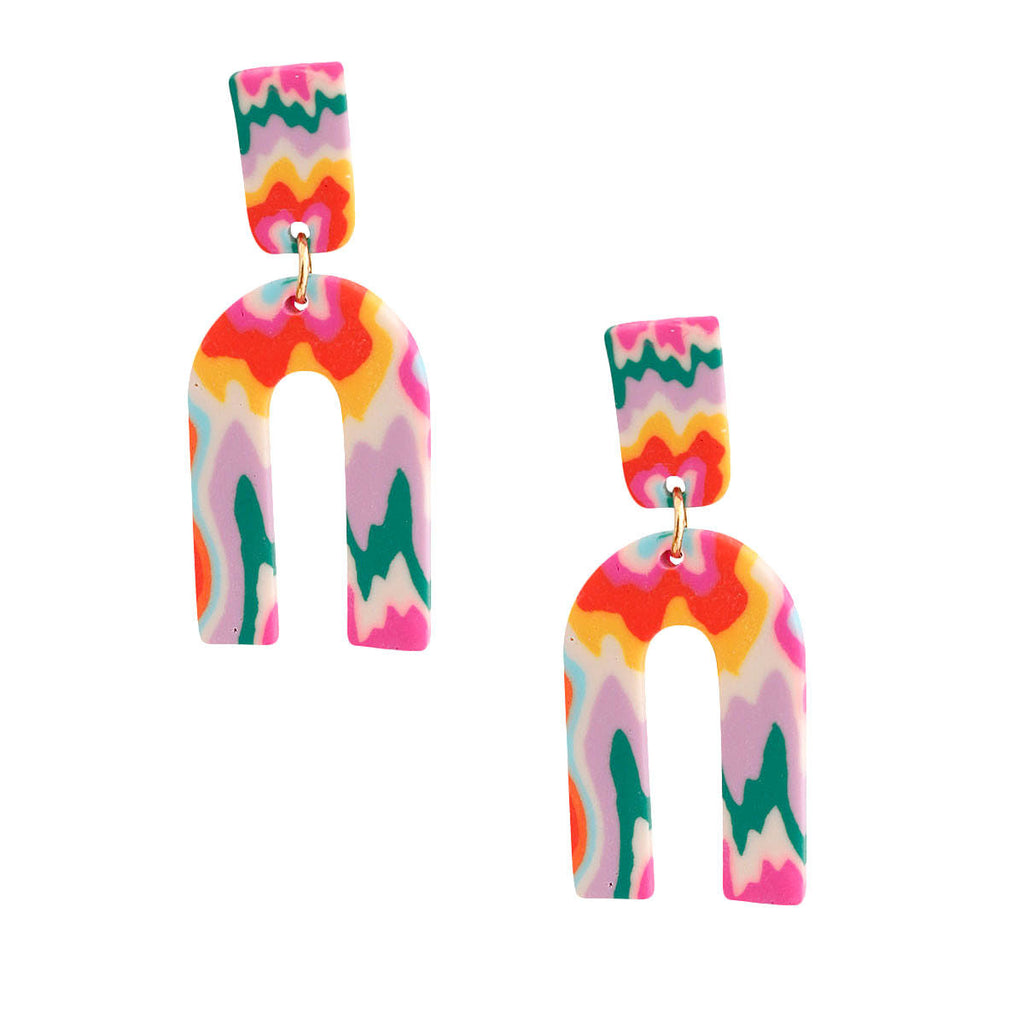 U Drop Earrings Rainbow Marbled Clay Stylish Statement Jewelry