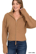 Ribbed Collared Zip Up Sweater Cardigan
