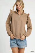 Cable Knit Textured Pullover with Ruffle Shoulders