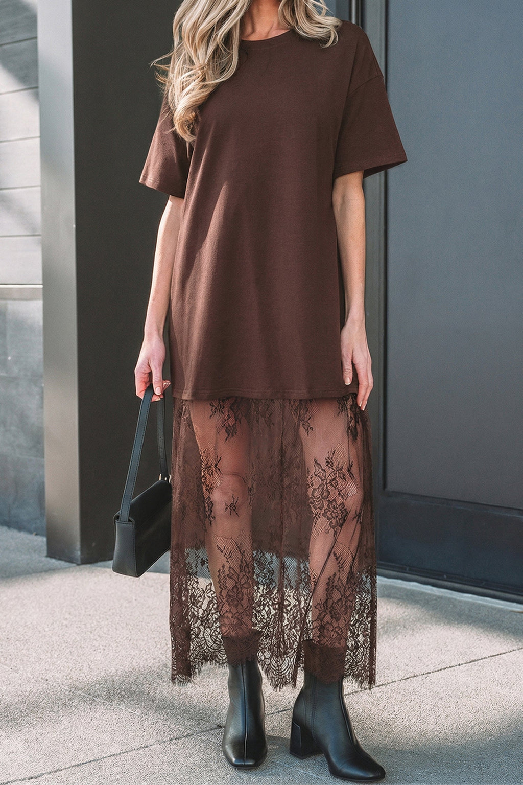 Red Sandalwood Floral Patchwork Short Sleeve T Shirt Loose Maxi Dress