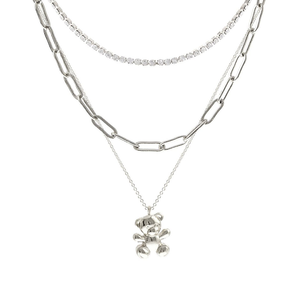 Teddy Bear Necklace Set 3 Pcs Silver Stylish Jewelry Accessory