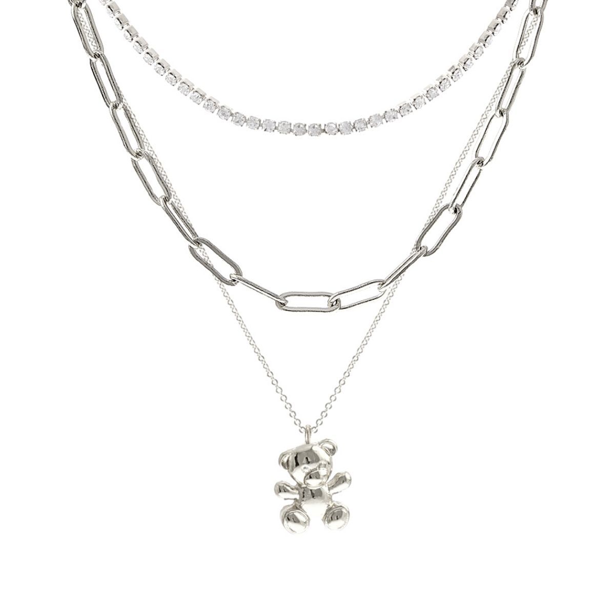 Teddy Bear Necklace Set 3 Pcs Silver Stylish Jewelry Accessory