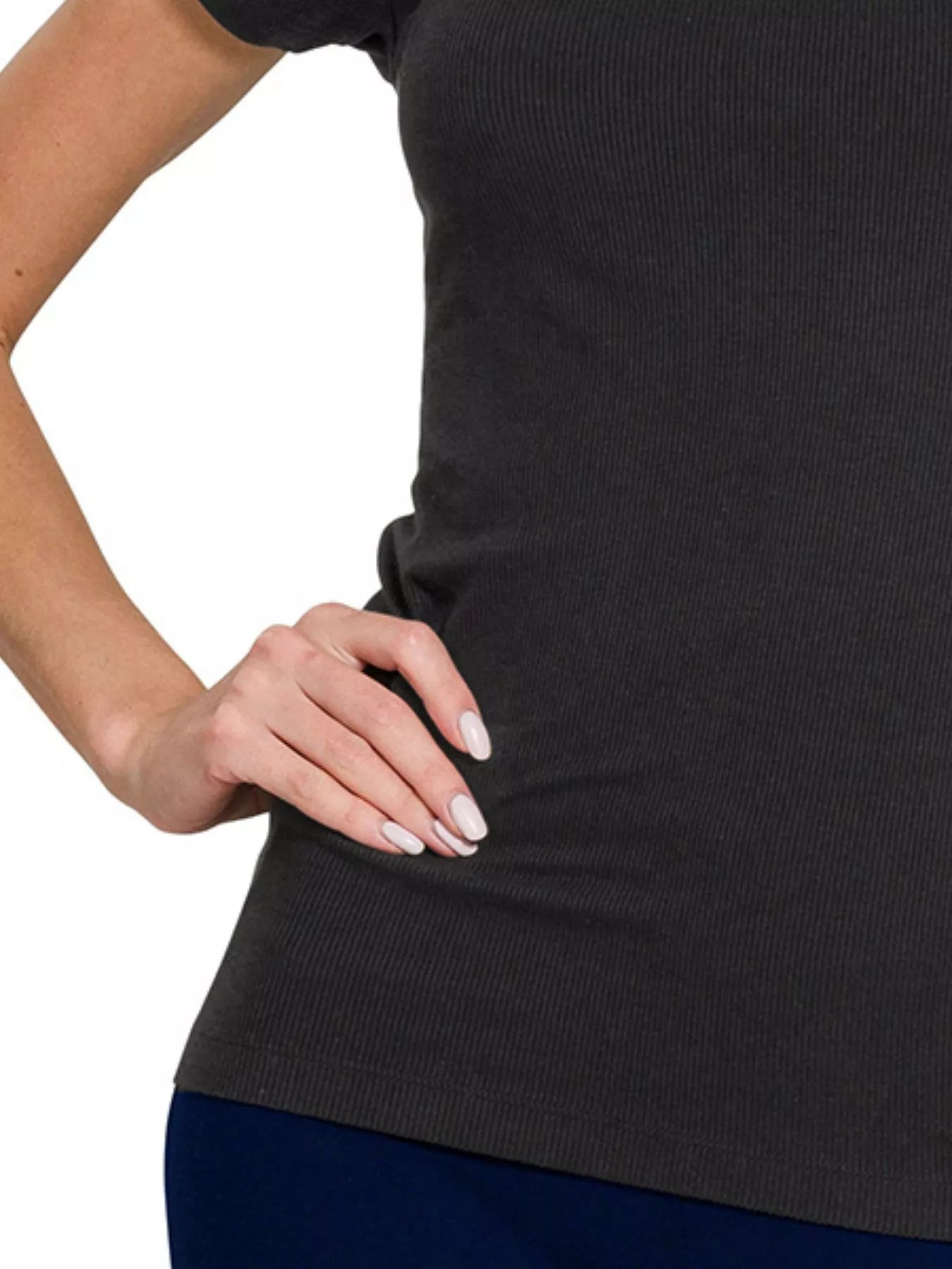 Ribbed Round Neck Short Sleeve T-Shirt