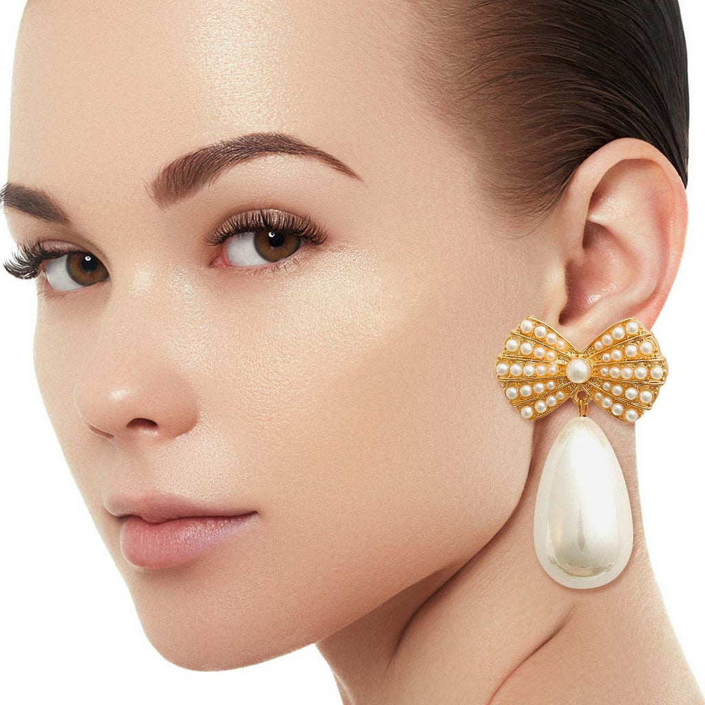 Teardrop Pearl Earrings with Gold Bow Accent – Elegant Fashion Jewelry