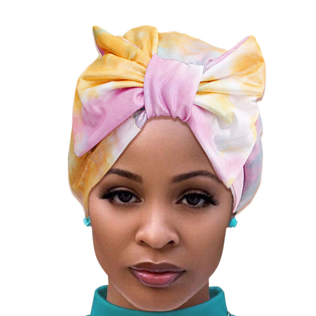 Fashionable Yellow Tie Dye Bow Turban Headband Accessory