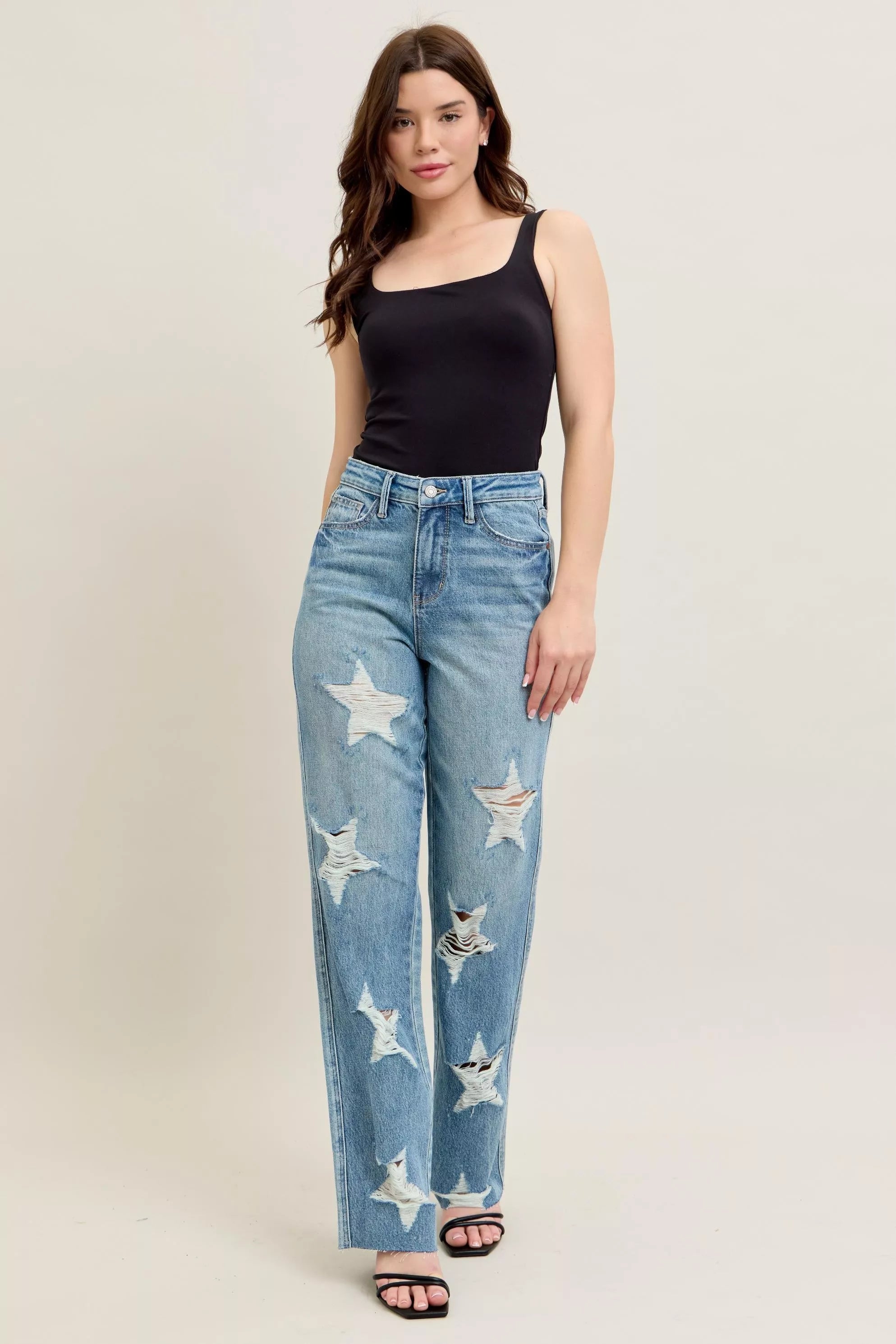 Full Size High Waist Rigid Magic Star Shaped Destroy 90's Straight Jeans Plus Size