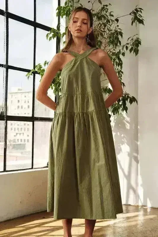 Crisscross Strap Cotton Midi Dress - Adjustable Drawstring Design | Femstylo