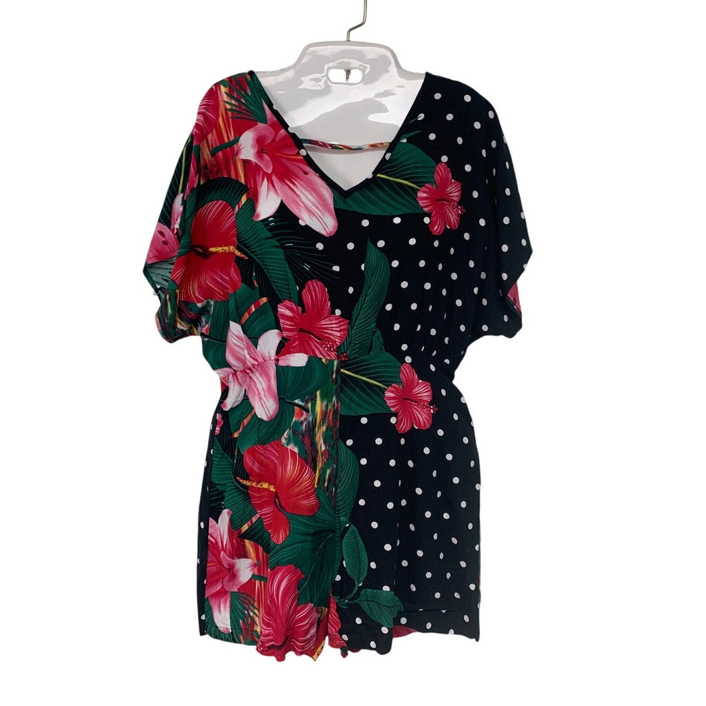 Emery Rose Womens Medium Polka Dot Floral Short Sleeve V Neck Back Zip Romper