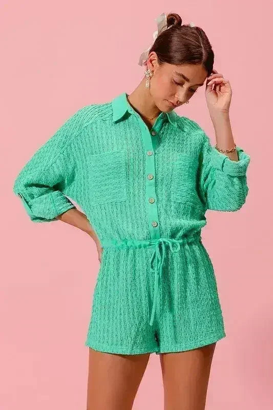SO ME Textured Knit Button Front Romper