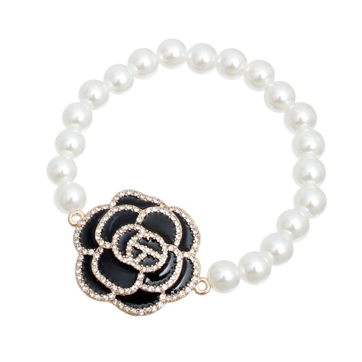 Pearl Bracelet with Black Coco Camellia Flower – Stylish Statement Jewelry