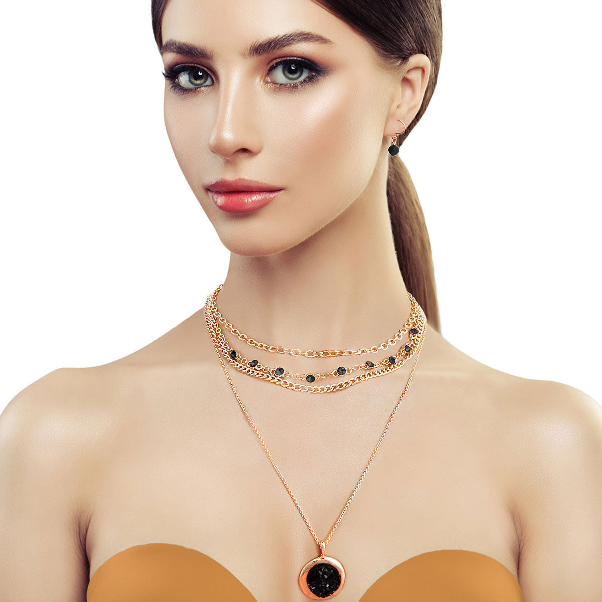 Statement Layered 4 Strand Black Glass Necklace Stylish Chic Jewelry