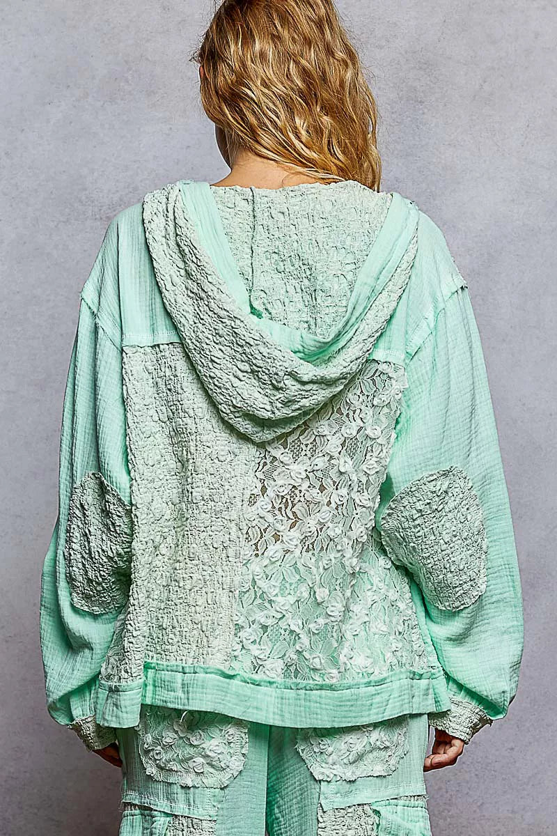 Exposed Seam Button Down Hooded Jacket with Lace Detail