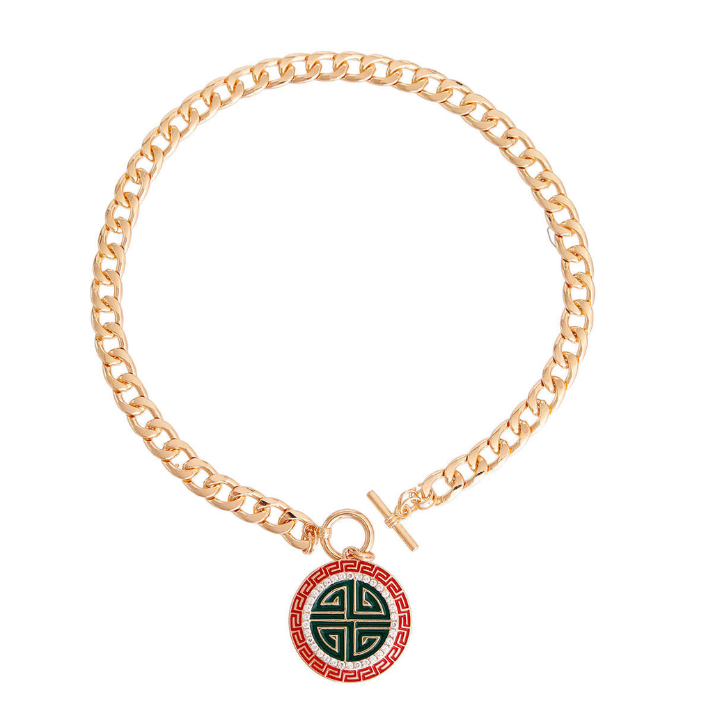 Statement Toggle Chain Necklace with Red and Green Greek Design