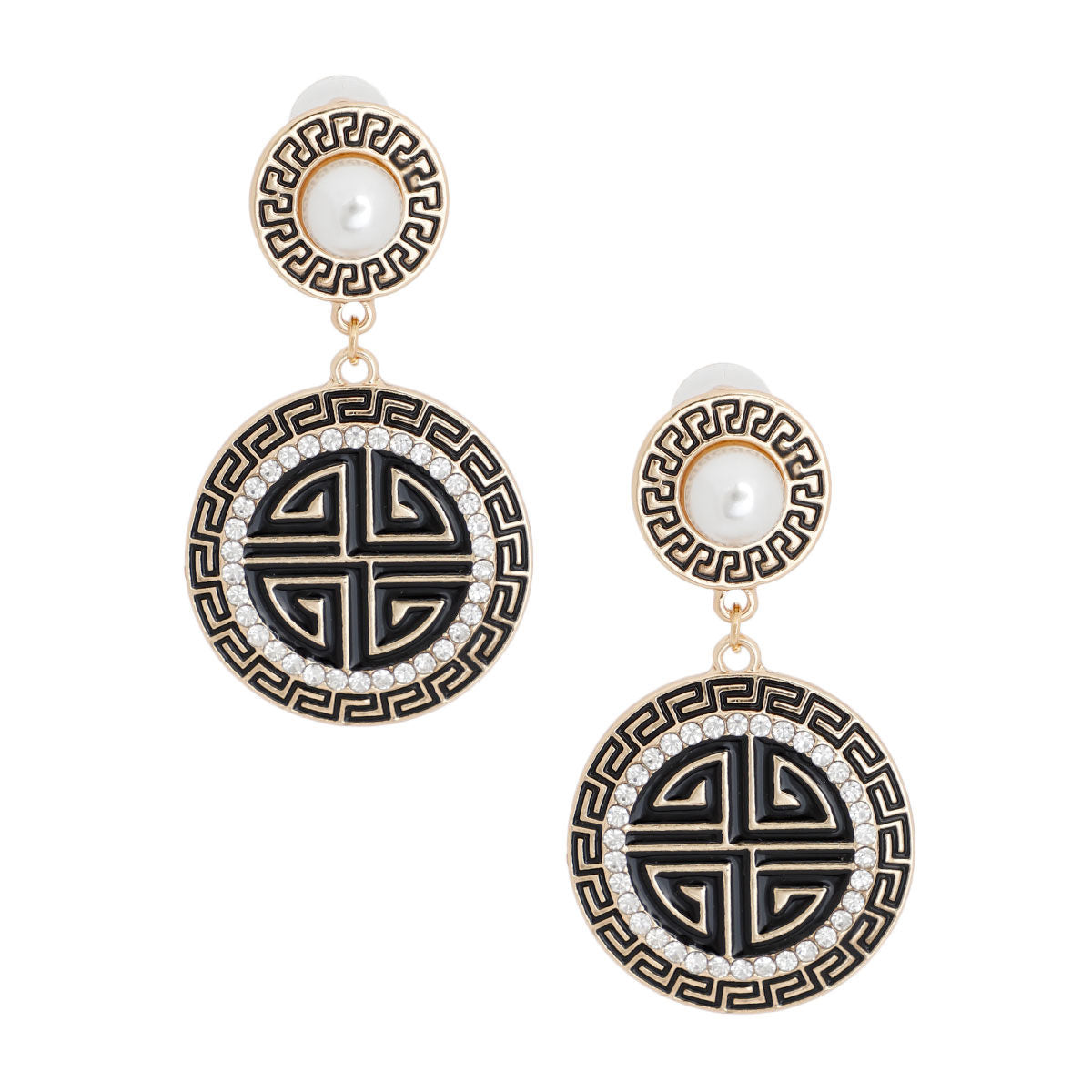 Round Greek Key Charm Earrings Gold Black Stylish Statement Jewelry