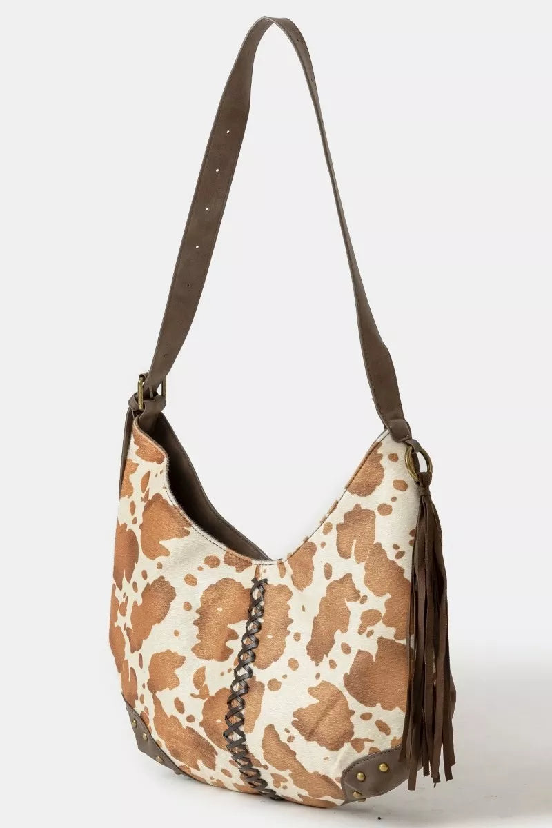 Cow Print Hobo Shoulder Bag with Studded Details