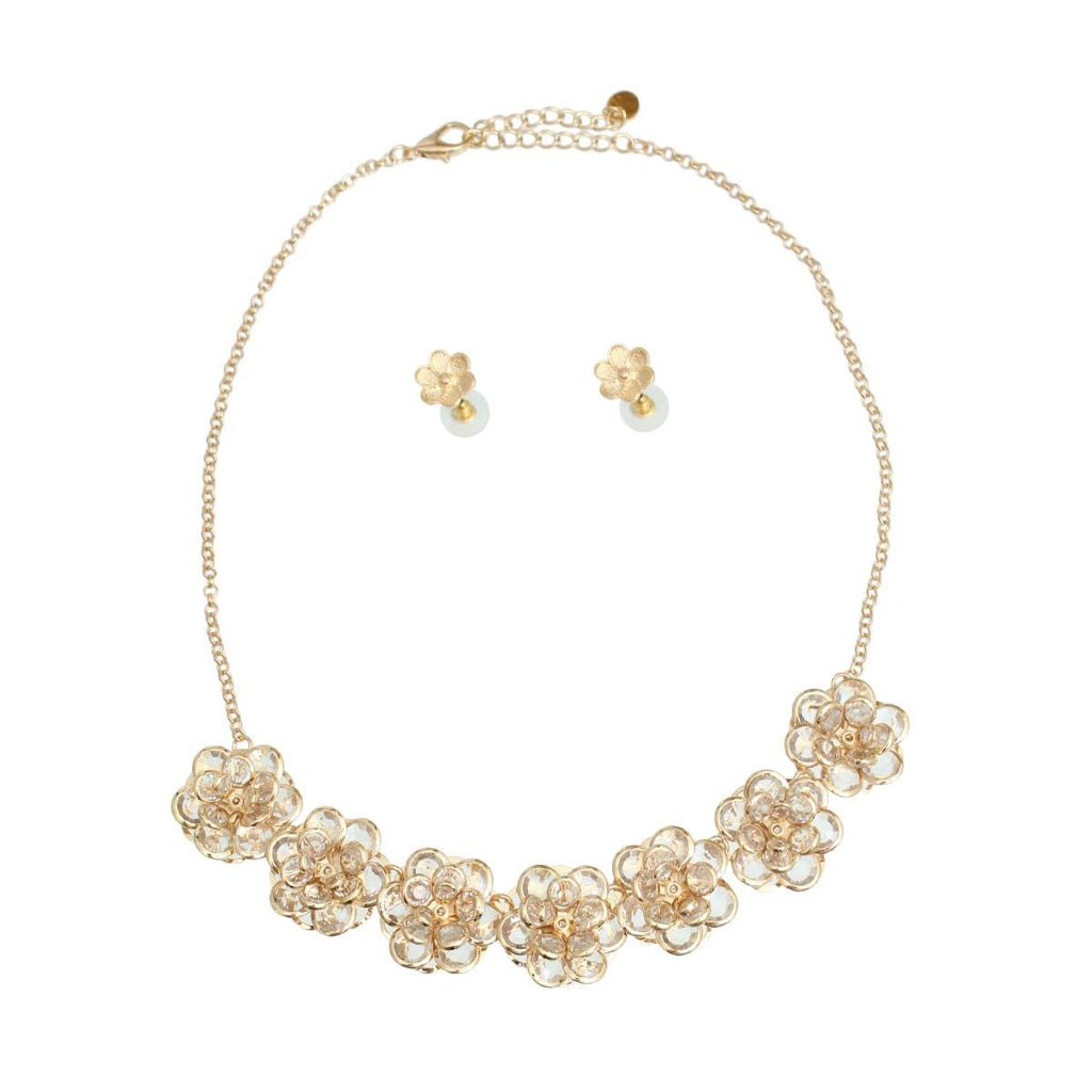 3D Flower Collar Set Gold Glass Statement Necklace Chic Jewelry Accessory