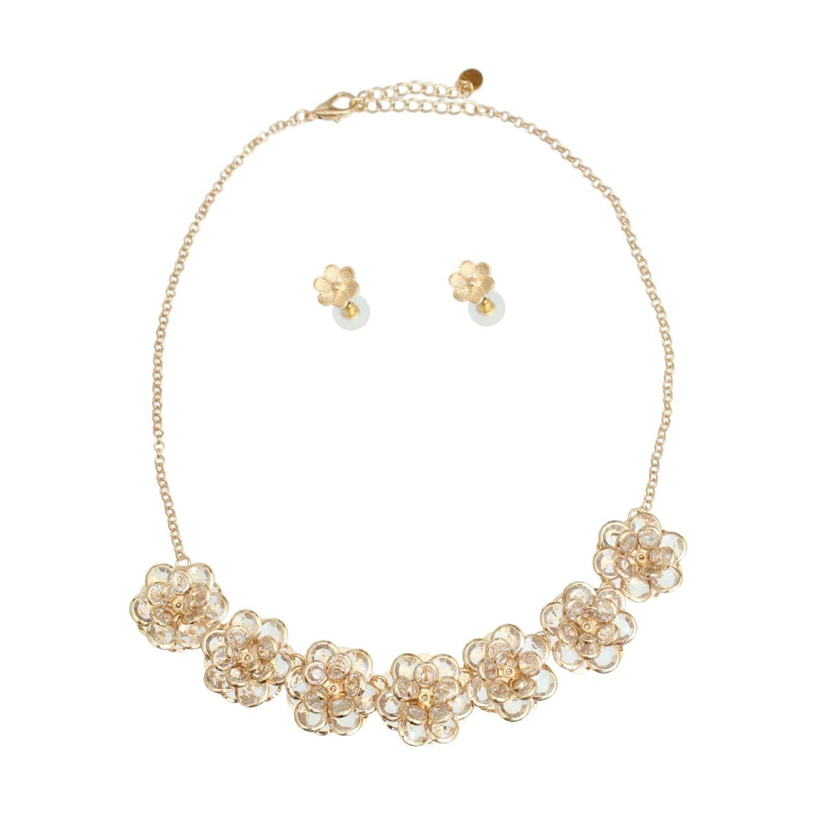 3D Flower Collar Set Gold Glass Statement Necklace Chic Jewelry Accessory