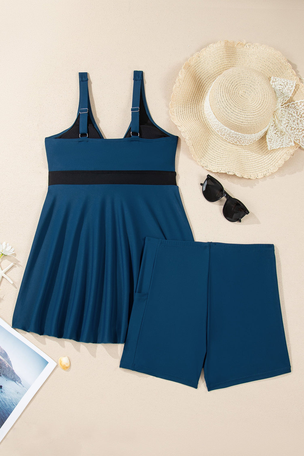 Sail Blue Color Block Patchwork Bow Knot Detail Sleeveless Swim Dress