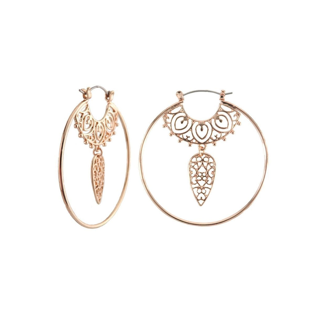 Dangle Hoop Earrings Rose Gold Filigree Stylish Statement Jewelry