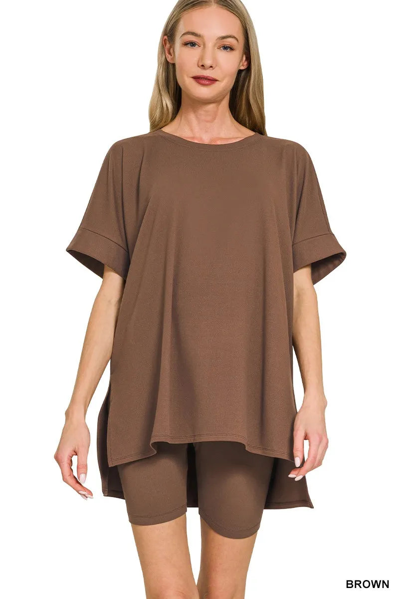 Full Size Brushed Dty Microfiber Round Neck Top and Biker Shorts Set Plus Size