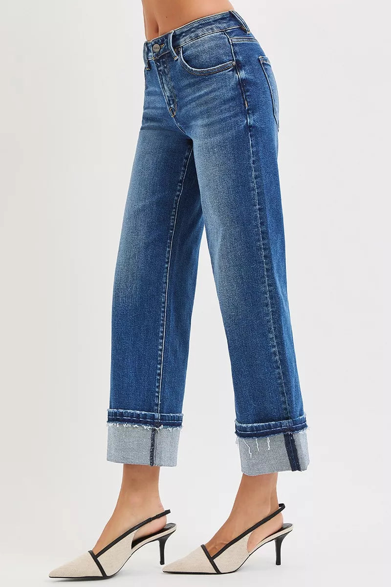 Mid Rise Ankle Straight Jeans with Cuffed Hem