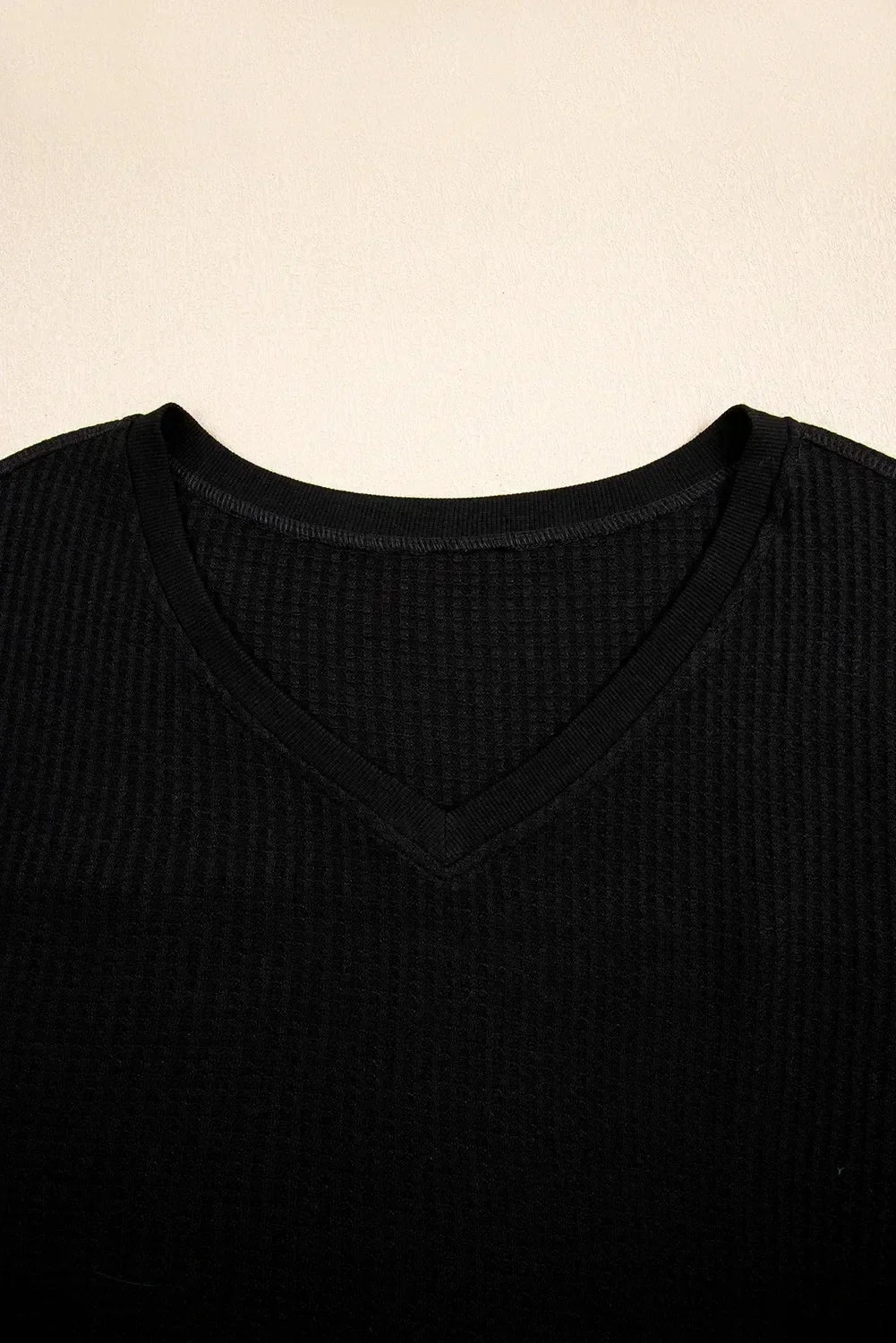 White Waffle Texture V Neck Drop Shoulder Loose Tee