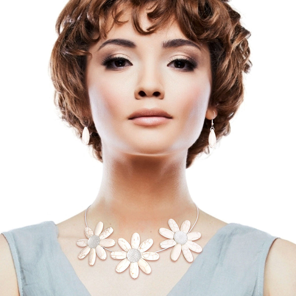 Statement Wire Collar Necklace Ivory Triple Flower Chic Layered Design