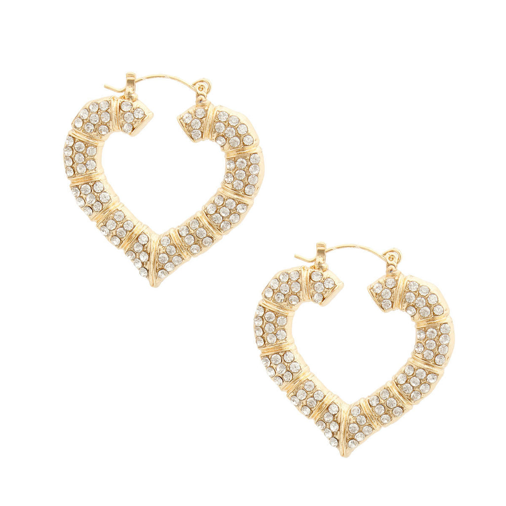 Bamboo Hoop Earrings with Gold Bling Heart – Trendy Statement Jewelry