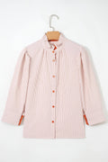 Khaki Stripe Color Block Patchwork Detail Frilled Collar Button Down Shirt