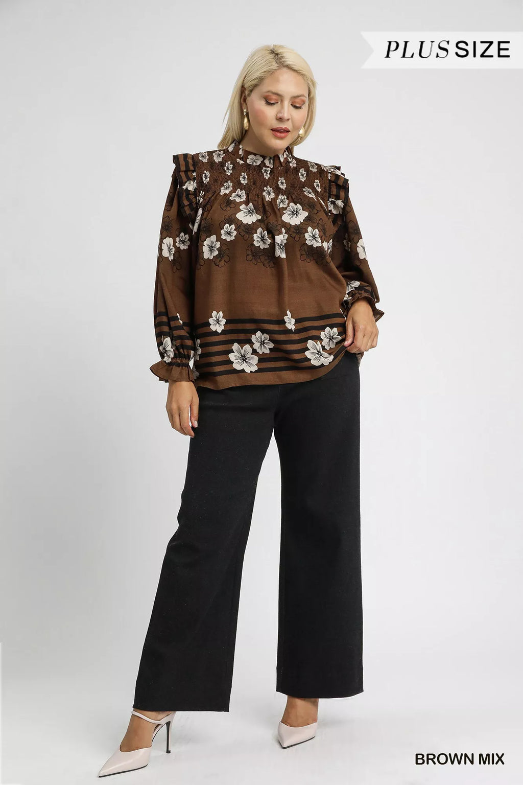 Full Size Mix Floral Smocked Ruffle Blouse Plus Size