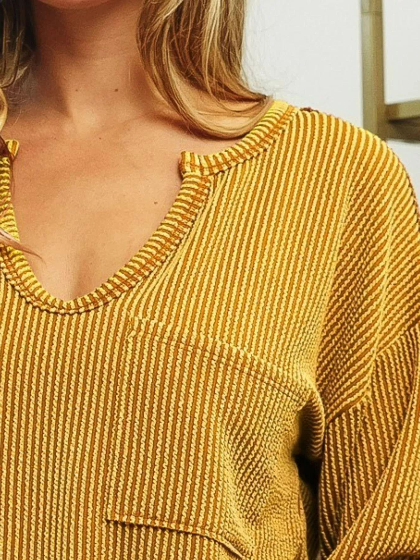 Wavy Two Tone Rib Notch Neck Patch Pocket Top