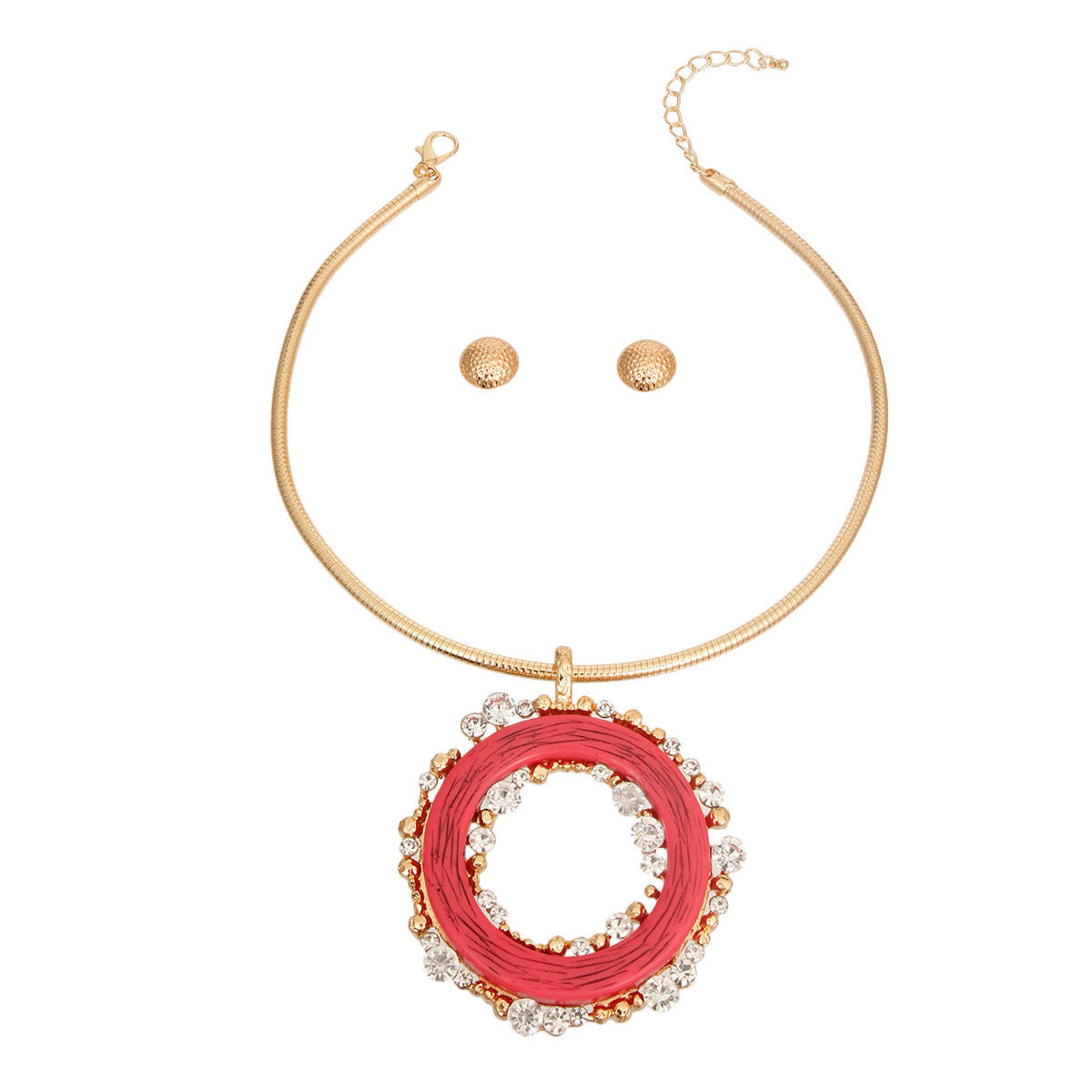 Statement Round Pendant with Fuchsia Rhinestones