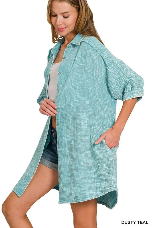 Washed Double Gauze Button Down Shirt Dress