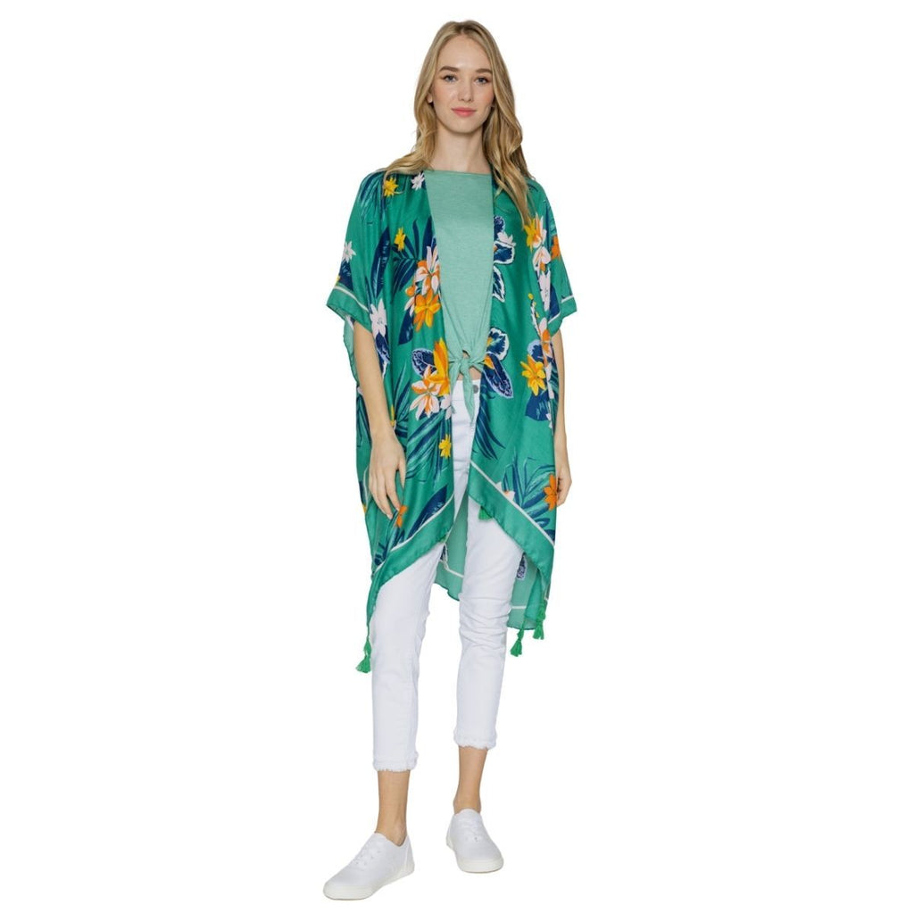 Tassel Kimono Green Tropical Floral Stylish Casual Layered