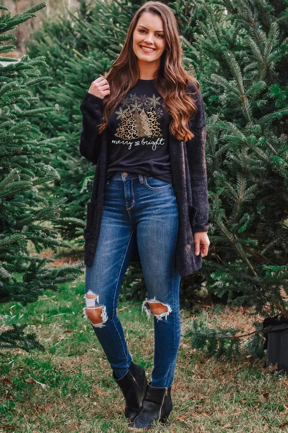 White Leopard Christmas Tree Graphic Tee – Festive & Fierce Crewneck