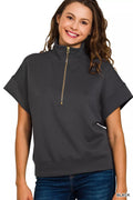 Full Size Scuba High Neck Half Zip Short Sleeve Top Plus Size