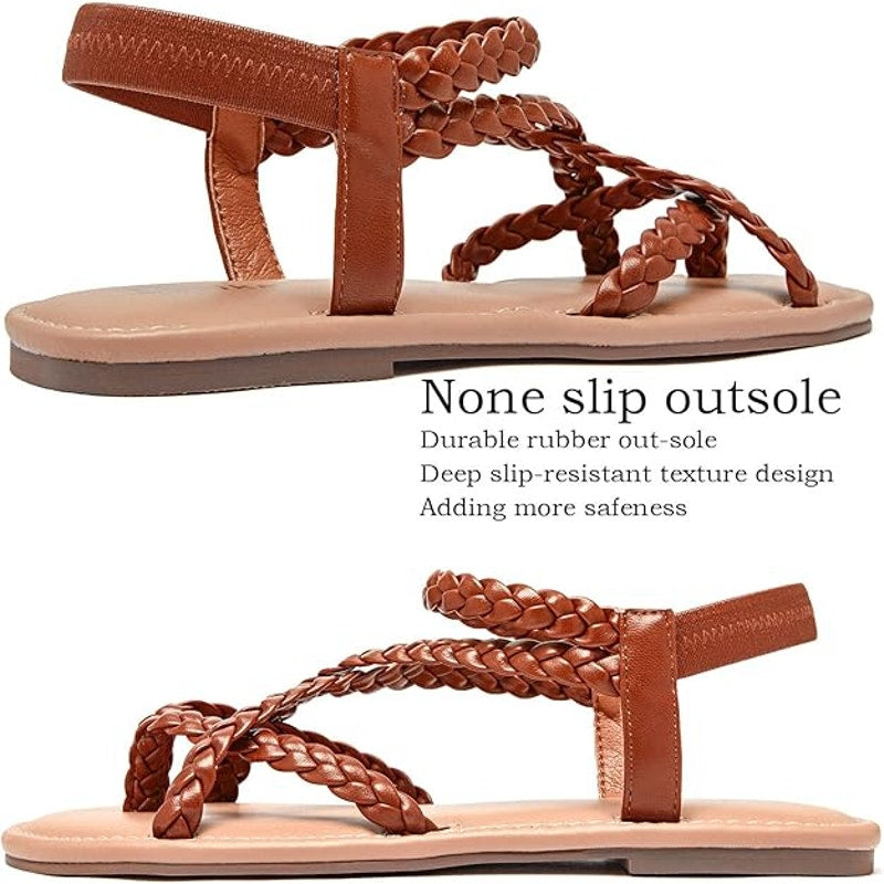 New Luoika Womens 8.5W Wide Brown Braided Strap Opent Toe Flat Sandals Shoes
