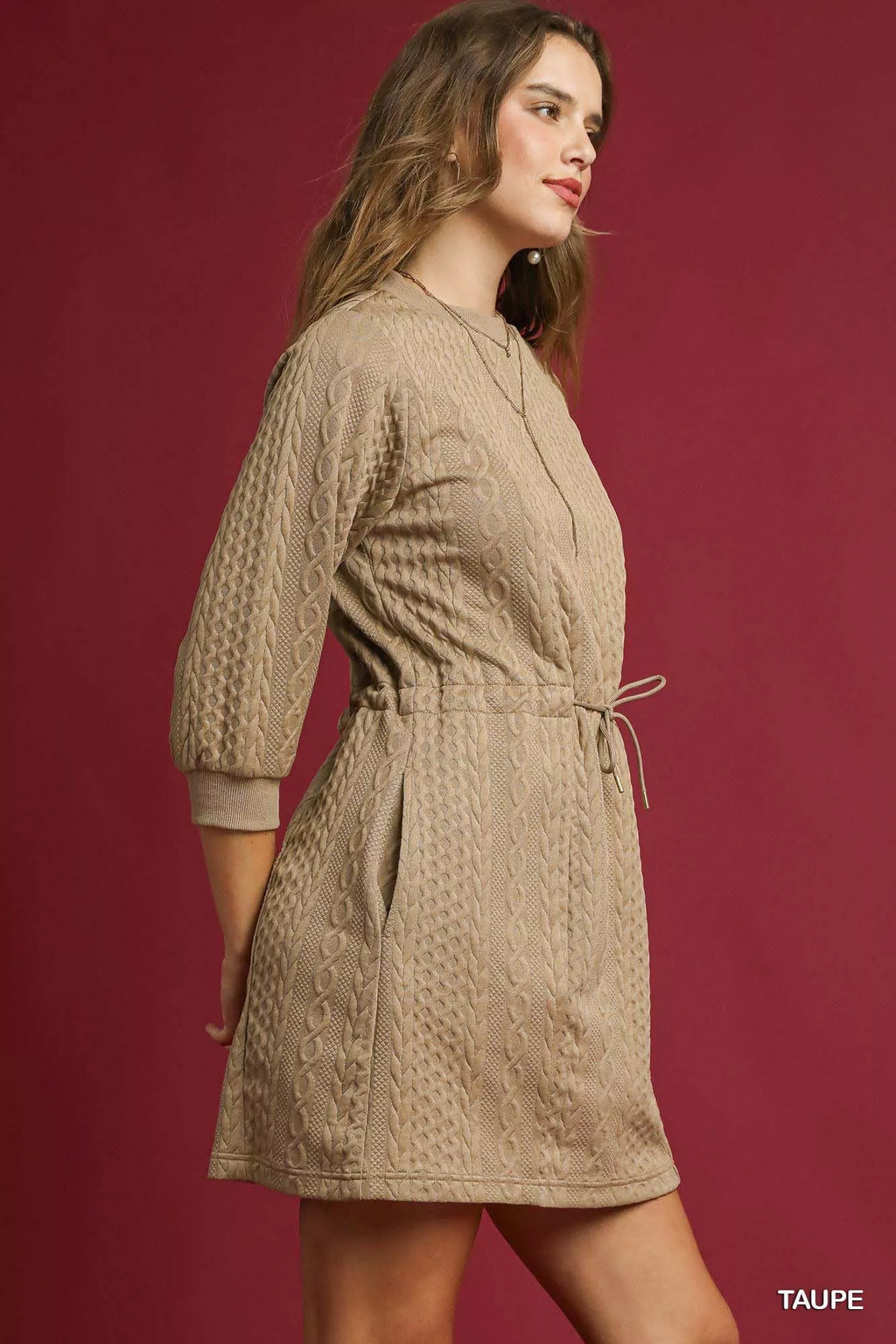 Drawstring Cable Knit Mini Dress with Pockets