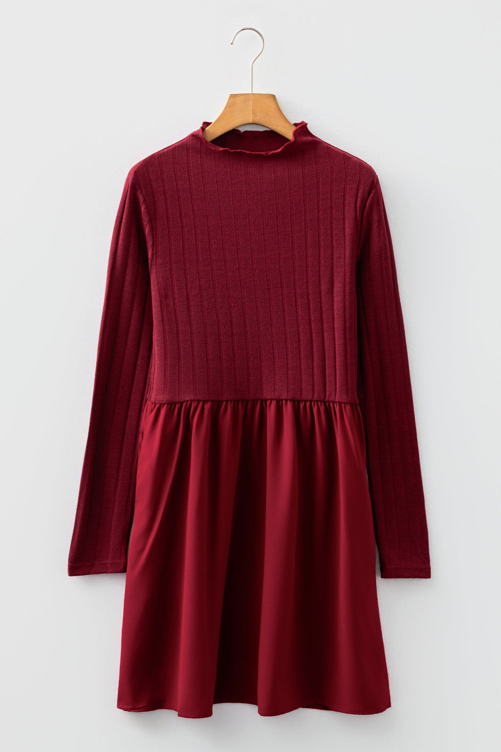 Red Dahlia Frilled Neck Ribbed Knit Patchwork Long Sleeve Mini Dress