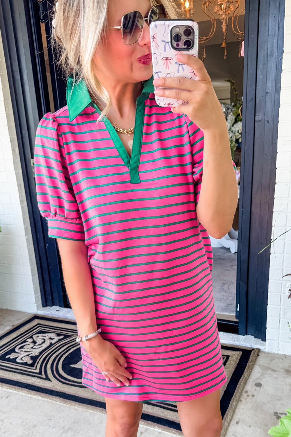 Pink Stripe Collared Puff Sleeve Pop of Color Neckline T Shirt Dress