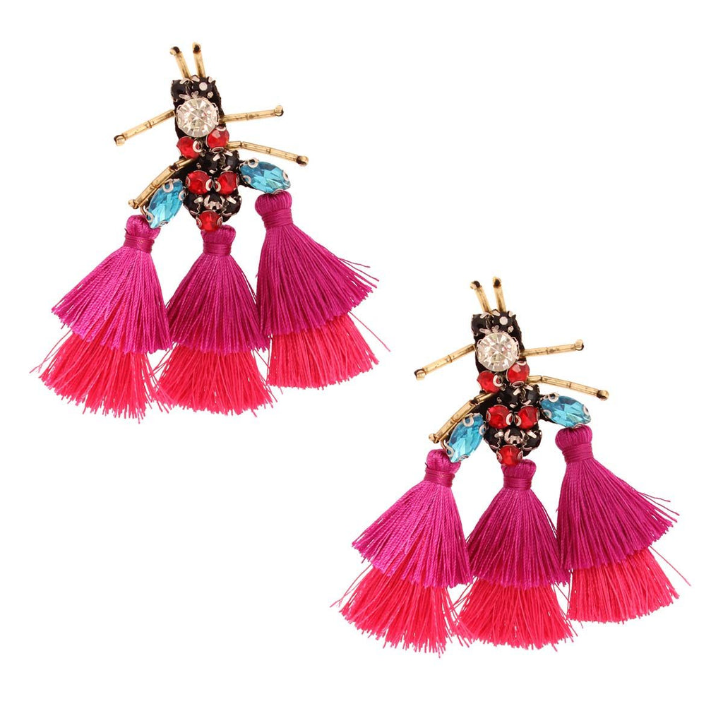 Statement Earrings Rhinestone Tassel Fuchsia Bee Stylish Fashion Jewelry