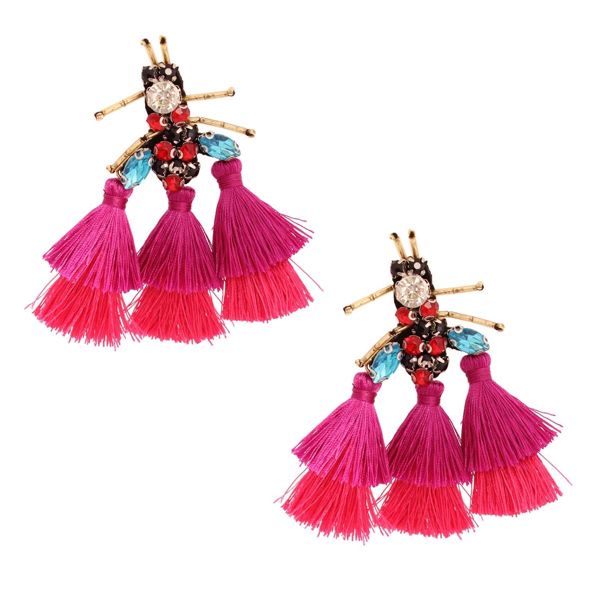 Statement Earrings Rhinestone Tassel Fuchsia Bee Stylish Fashion Jewelry