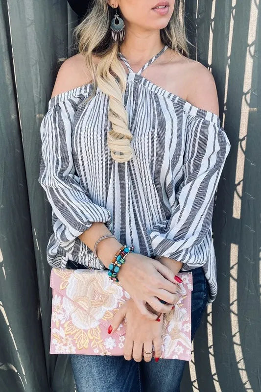 Stripe Printed Cold Shoulder Halter Neck Top
