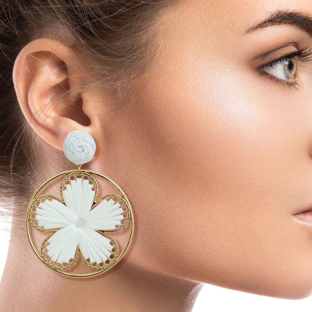Statement Raffia Flower Round Earrings White Stylish Chic Jewelry