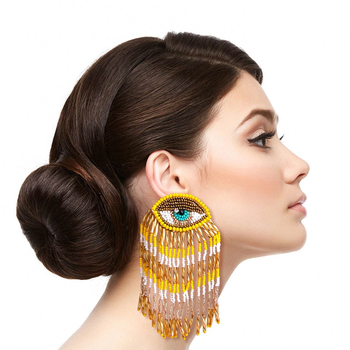 Statement Bead Eye Fringe Earrings in Yellow and Gold – Trendy Fashion Jewelry