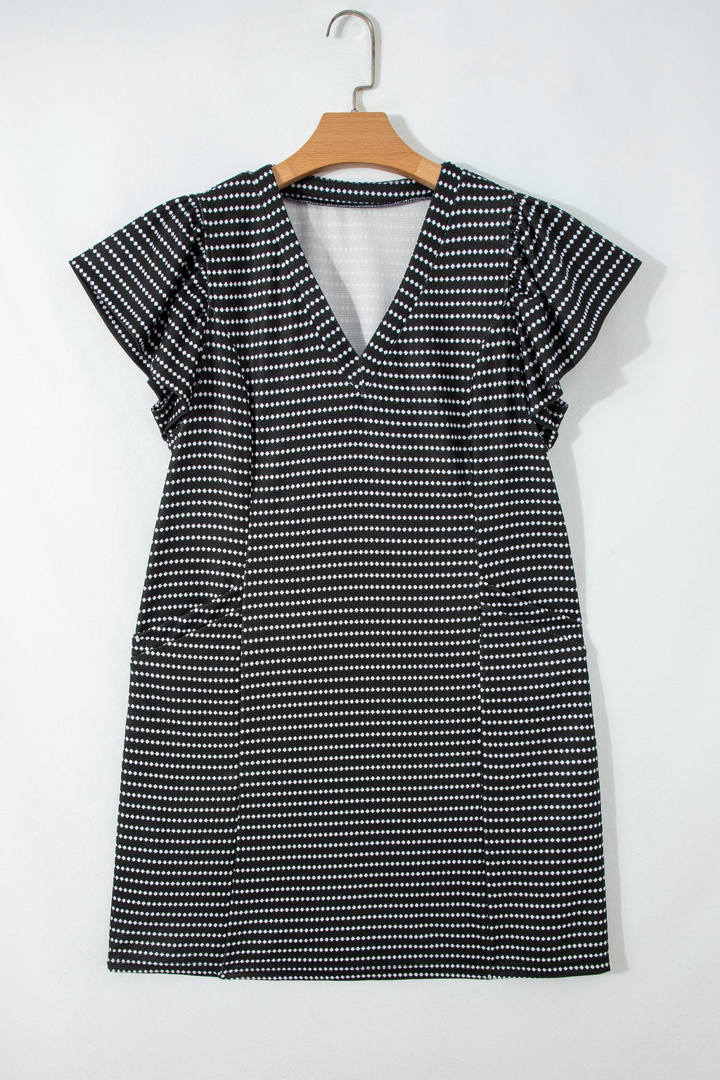 Black Stripe Textured Knit V Neck Flutter Sleeve Shift Mini Dress