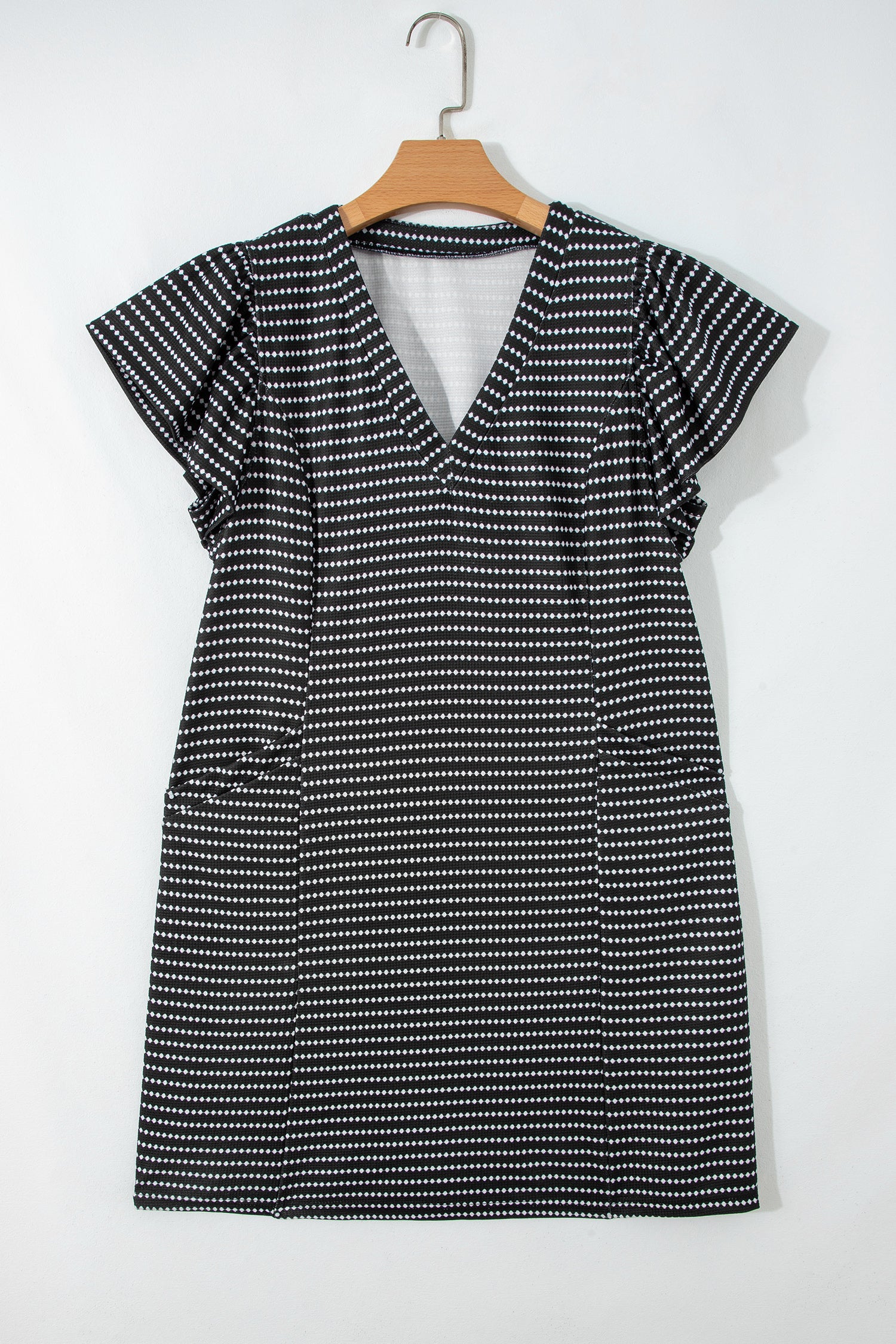 Black Stripe Textured Knit V Neck Flutter Sleeve Shift Mini Dress