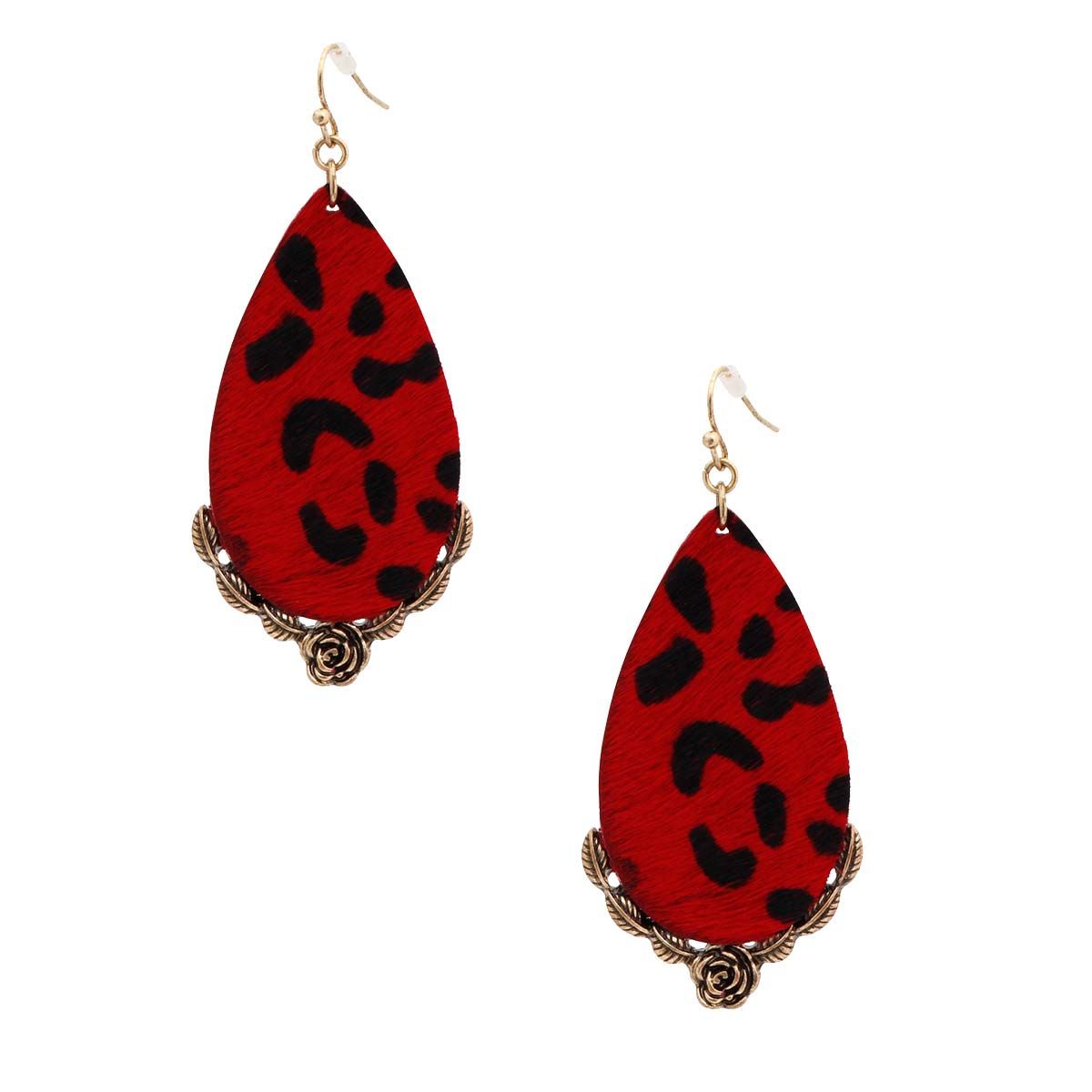 Teardrop Earrings Red Leather Animal Print Stylish Statement Jewelry